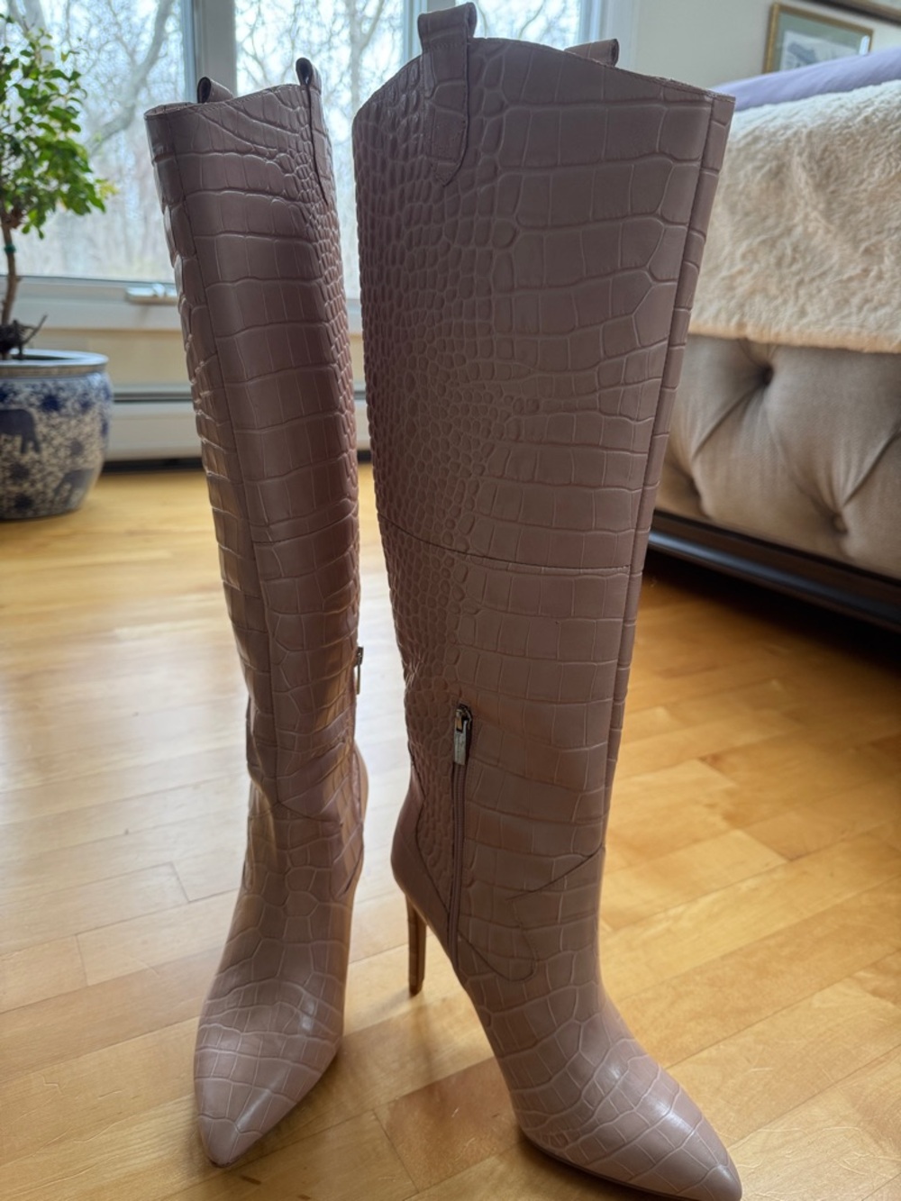 Vince Camuto Croc-Embossed Over-the-Knee Stiletto Boots in Blush Taupe NWOT 10